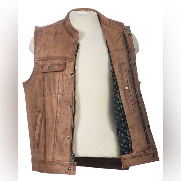 HUNT CLUB STYLE MEN'S MOTORCYCLE DISTRESSED BROWN CONCEALED CARRY LEATHER VEST - Picture 3 of 3